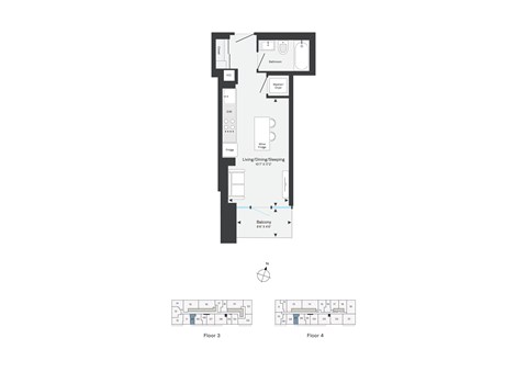 Floor plan for studio, 1 bath, 344 sqft